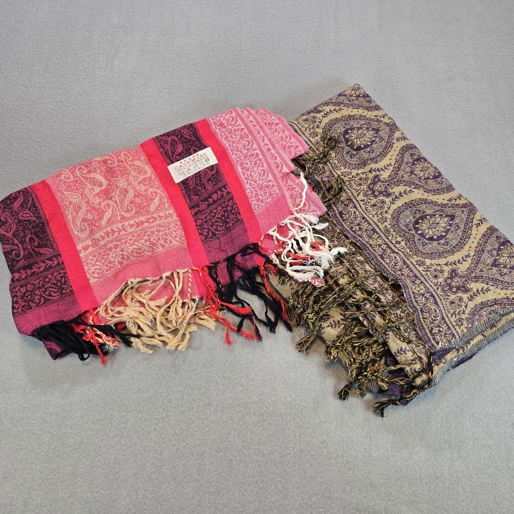 Set Of Two Cashmere Jerusalem 100% Cashmere Paisley Scarf Fringe Wrap